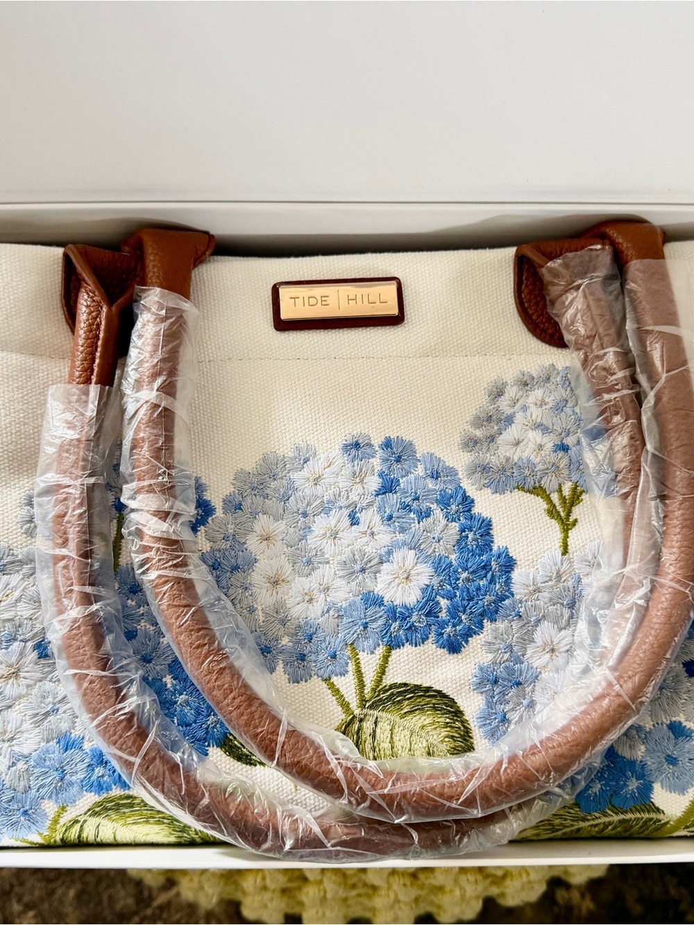 Tide Hill Cream Hydrangea Embroidered Tote with Tan Handles